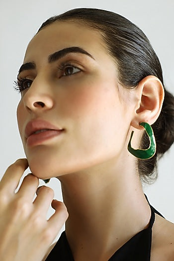 Gold Finish Green Fluid Hoop Earrings
