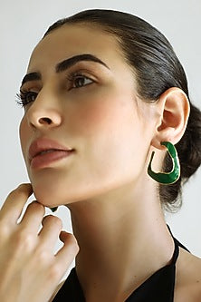 Gold Finish Green Fluid Hoop Earrings