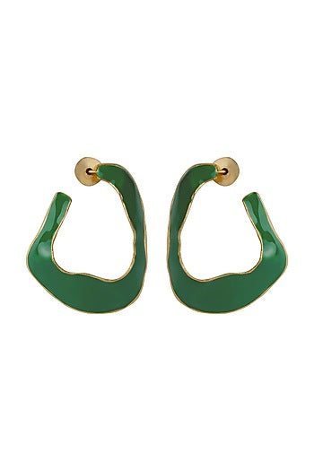 Gold Finish Green Fluid Hoop Earrings
