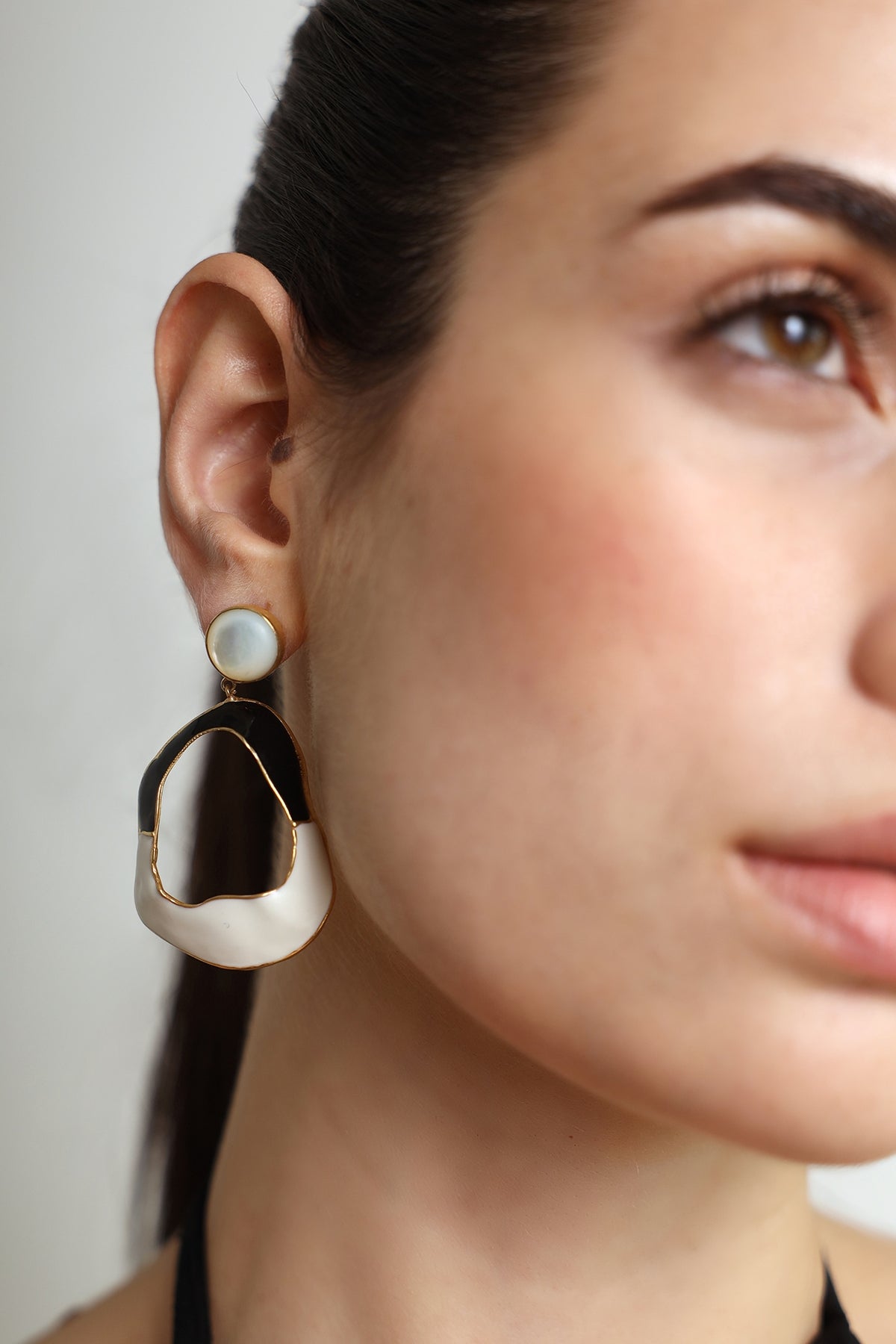 Gold Finish Mother Of Pearl Enameled Dangler Earrings