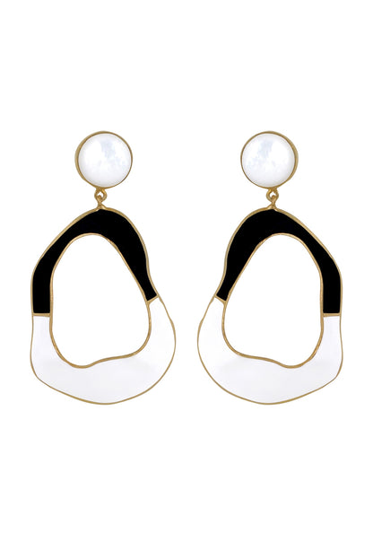 Gold Finish Mother Of Pearl Enameled Dangler Earrings