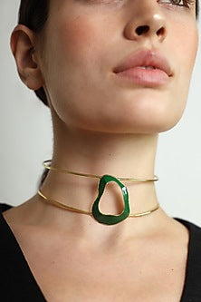 Gold Finish Green Enameled Choker Necklace