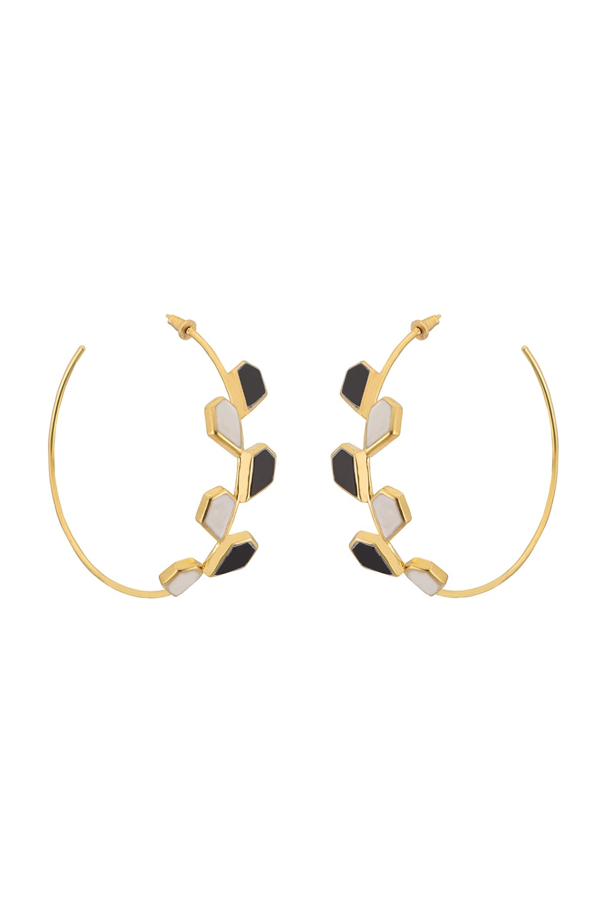 Gold Plated Black & White Onyx Hoop Earrings
