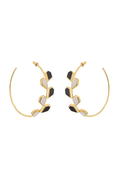 Gold Plated Black & White Onyx Hoop Earrings