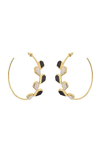 Gold Plated Black & White Onyx Hoop Earrings