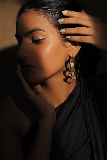 Gold Plated Black & White Onyx Hoop Earrings