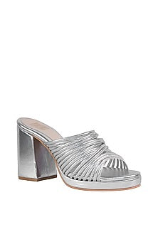 Silver String Sandals With Block Heels