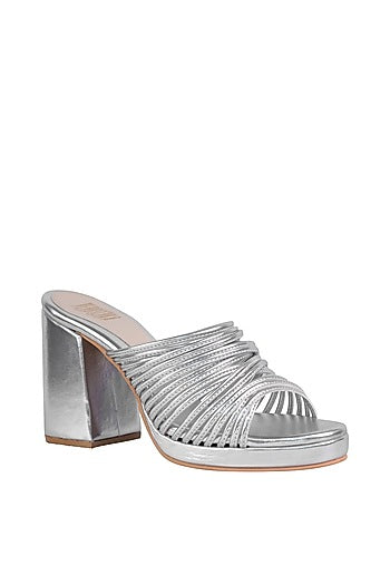 Silver String Sandals With Block Heels