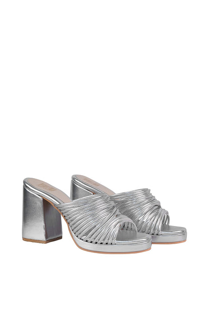 Silver String Sandals With Block Heels