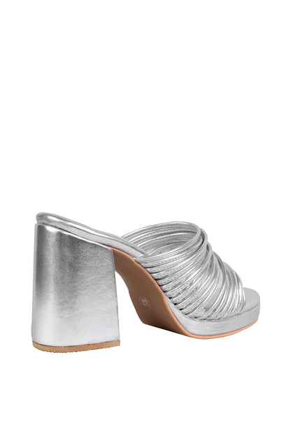 Silver String Sandals With Block Heels