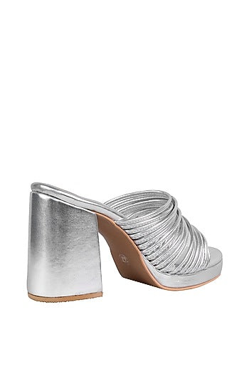 Silver String Sandals With Block Heels