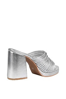 Silver String Sandals With Block Heels