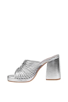 Silver String Sandals With Block Heels