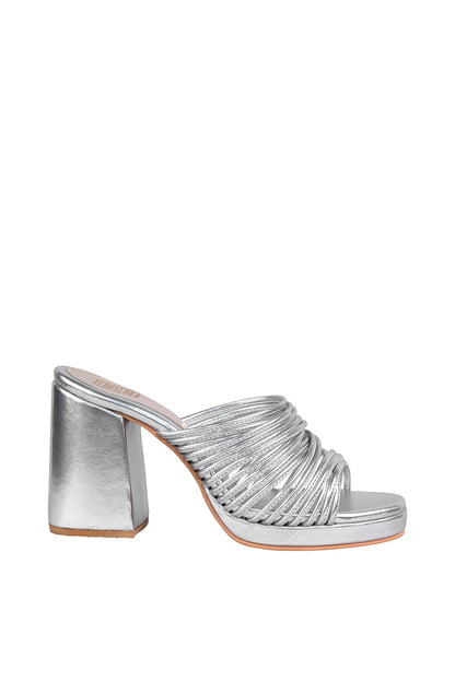 Silver String Sandals With Block Heels