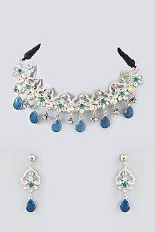 Two Tone Finish Blue Kundan Polki & Pearl Necklace Set