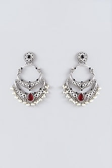 Oxidised Silver Finish Red Pachi Kundan Polki Dangler Earrings