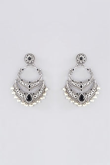 Oxidised Silver Finish Black Pachi Kundan Polki Chandbali Earrings