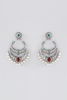 Oxidised Silver Finish Pachi Kundan Polki Chandbali Earrings