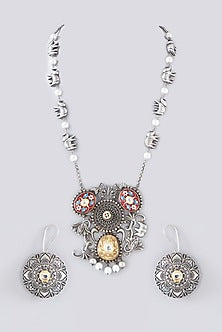 Oxidised Silver Finish Red Kundan Polki & Mirror Long Necklace Set