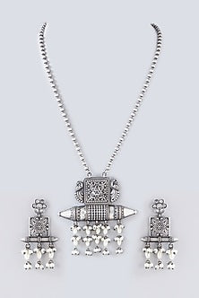 Oxidised Silver Finish Kundan Polki & Mirror Long Necklace Set