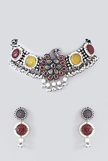 Oxidised Silver Finish Multi-Colored Semi-Precious Stone & Kundan Polki Long Necklace Set