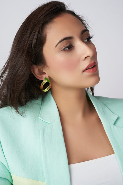 Gold Micro Plated Enameled Earrings With Green Enamel