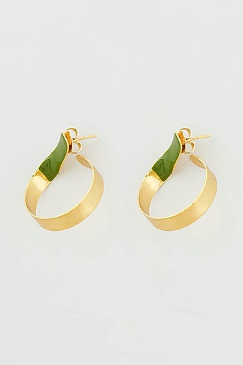 Gold Micro Plated Enameled Earrings With Green Enamel