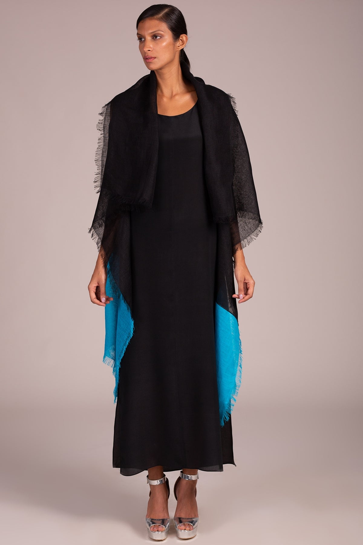 Black Color Blocked Cape With Fringe