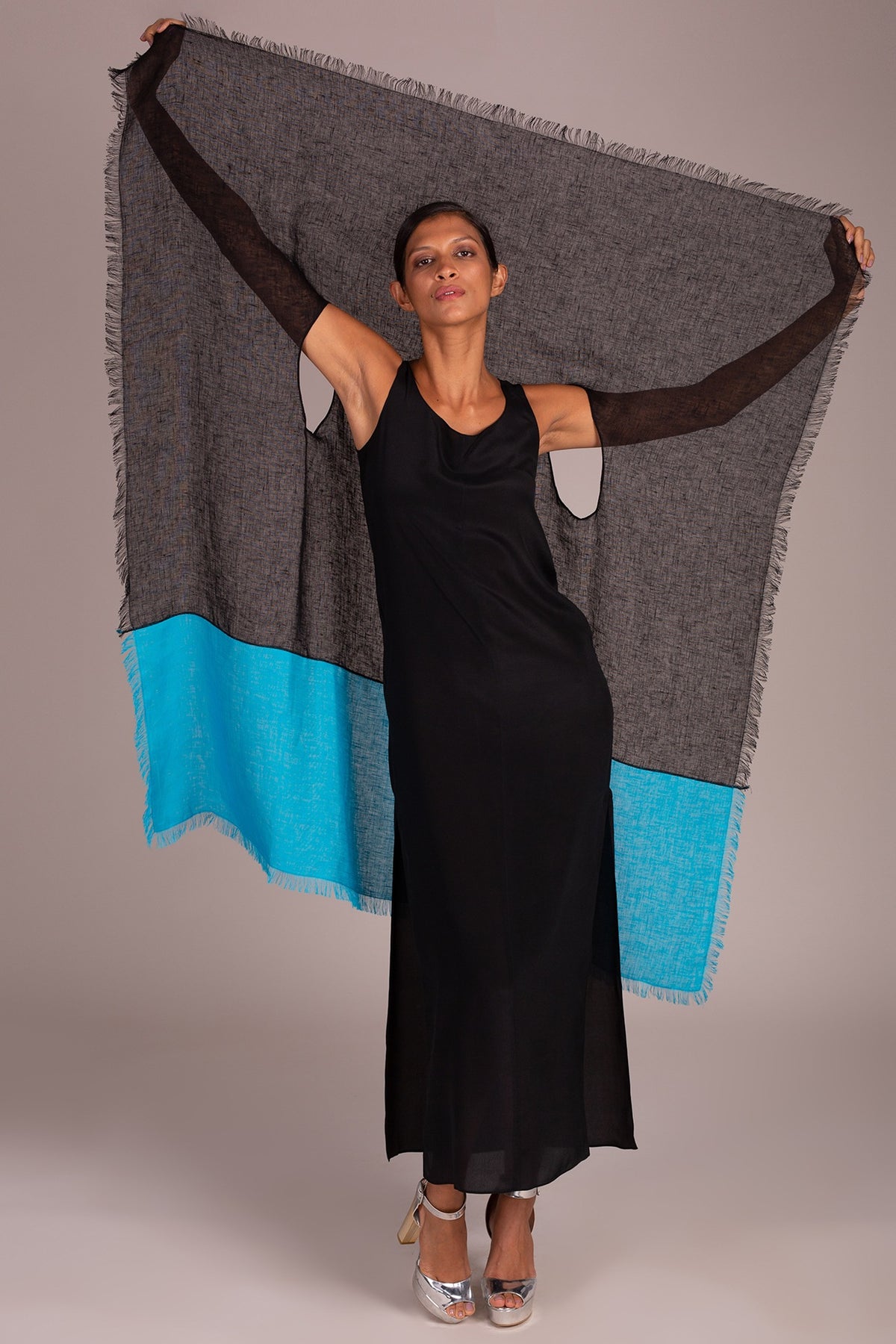 Black Color Blocked Cape With Fringe