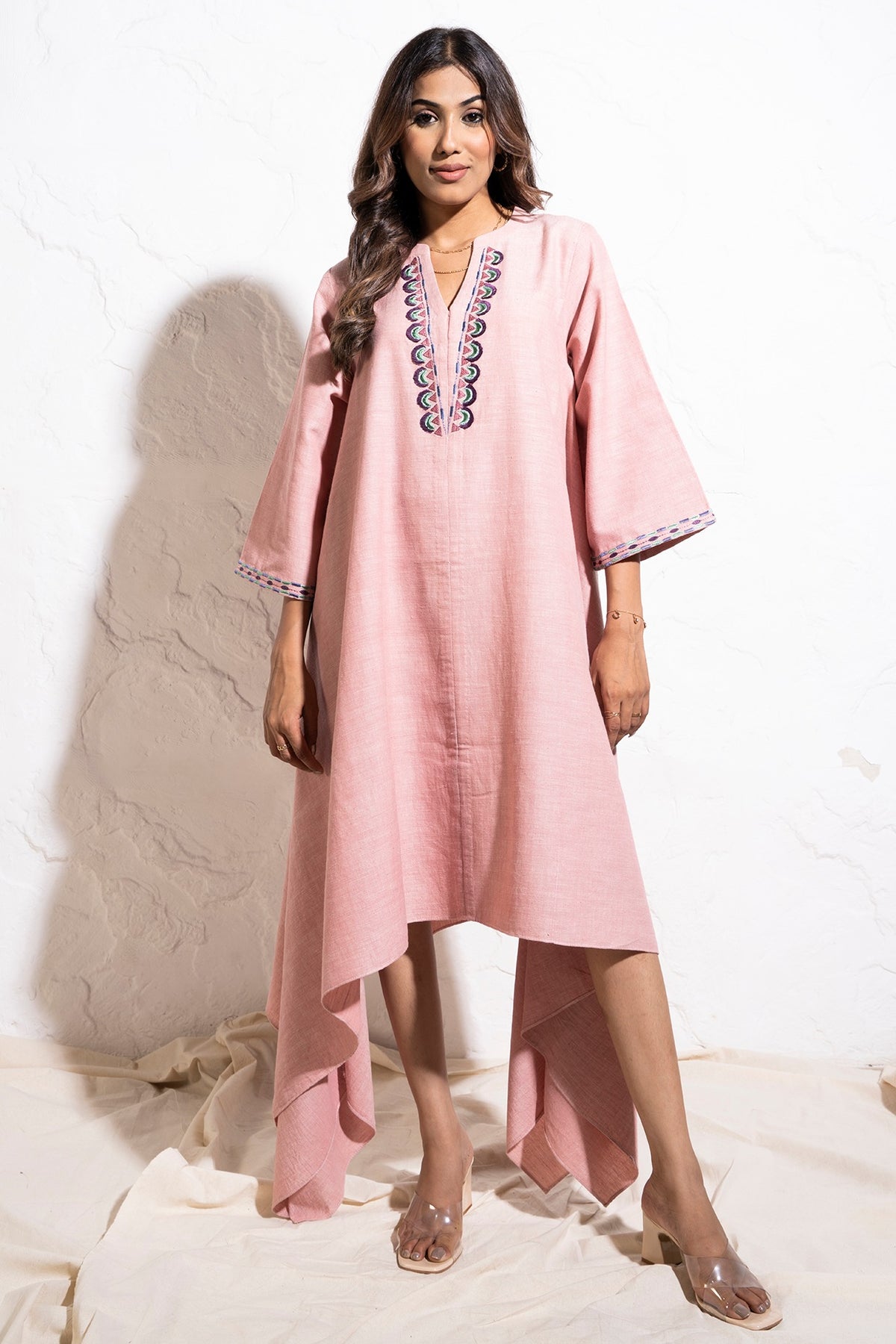 Baby Pink Soft Handwoven Cotton Fringe Embroidered Asymmetrical Dress