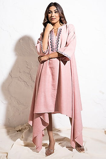 Baby Pink Soft Handwoven Cotton Fringe Embroidered Asymmetrical Dress