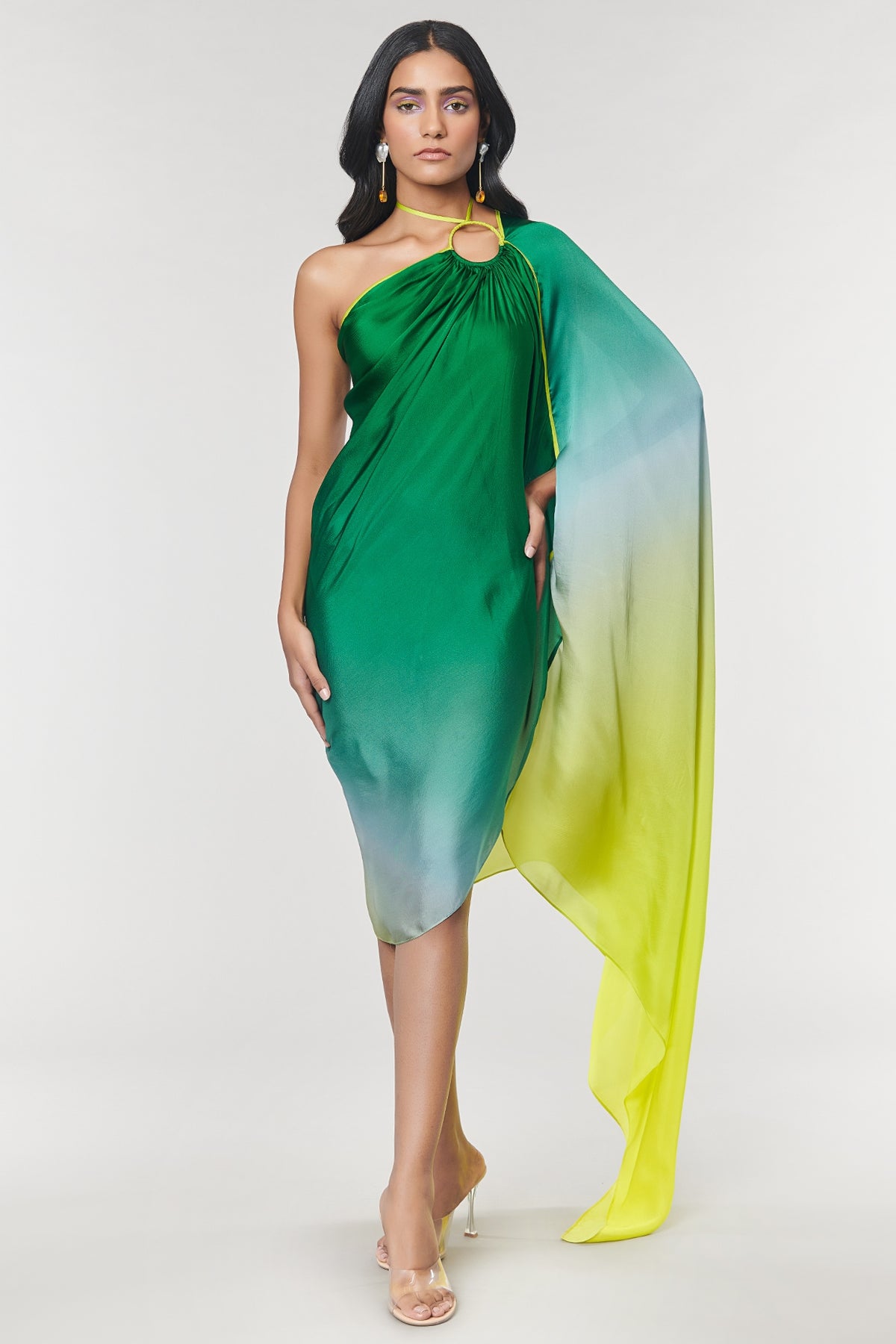 One-Shoulder Green Ombre Printed Ring Dress