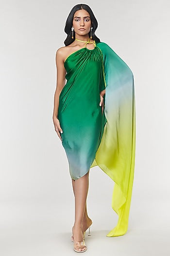 One-Shoulder Green Ombre Printed Ring Dress