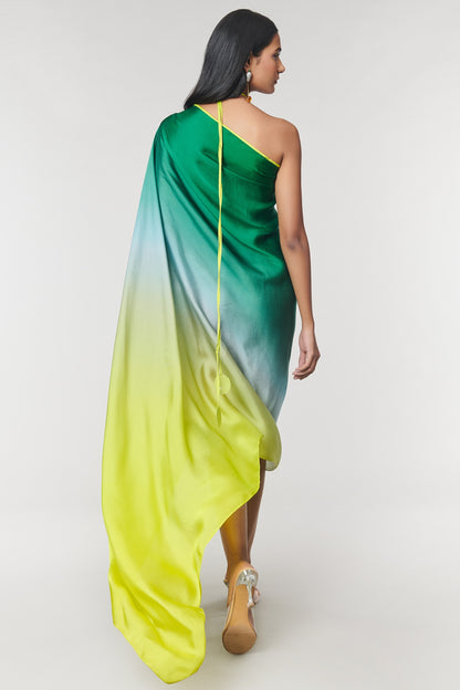 One-Shoulder Green Ombre Printed Ring Dress