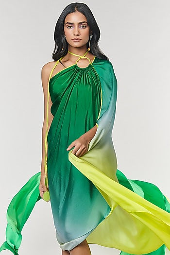One-Shoulder Green Ombre Printed Ring Dress