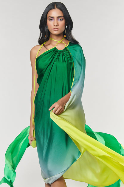 One-Shoulder Green Ombre Printed Ring Dress