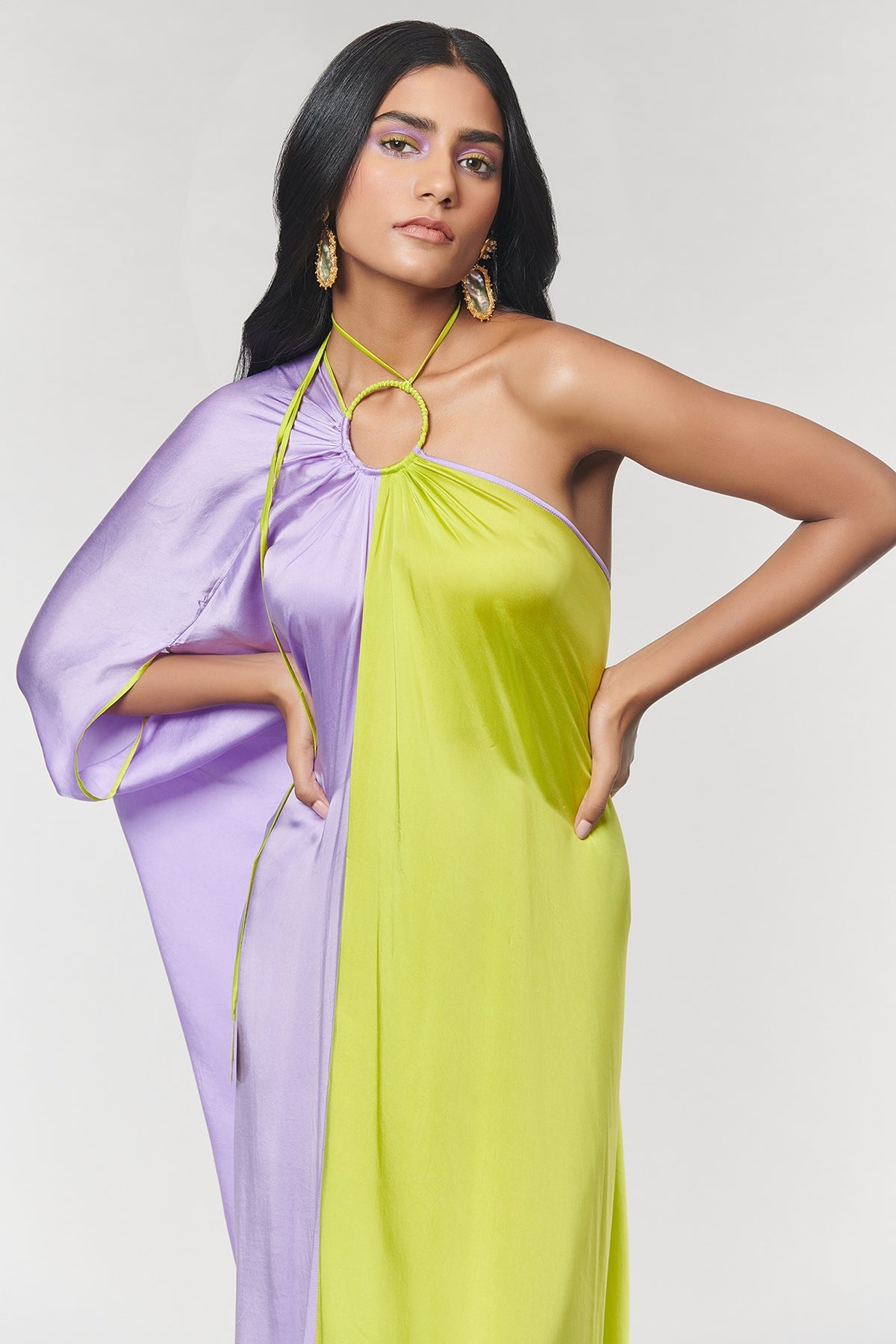 Lilac & Neon One Shoulder Ring Gown