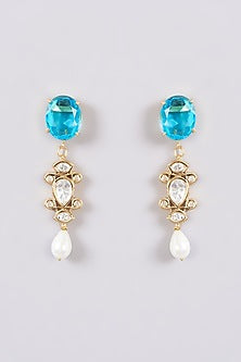 Gold Finish Blue Topaz & Kundan Polki Dangler Earrings