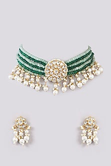 Gold Finish Kundan Polki & Pearl Choker Necklace Set