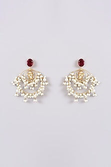 Gold Finish Red Onyx & Pearl Dangler Earrings
