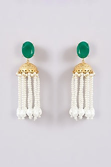 Gold Finish Green Onyx & Pearl Dangler Earrings