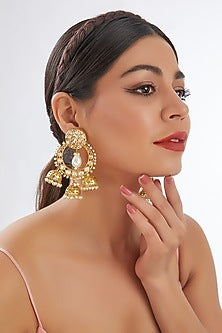 Gold Finish Kundan Polki & Pearl Chandbaali Earrings