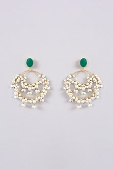 Gold Finish Green Onyx & Pearl Dangler Earrings