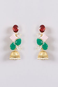 Gold Finish Red & Green Onyx Jhumka Earrings