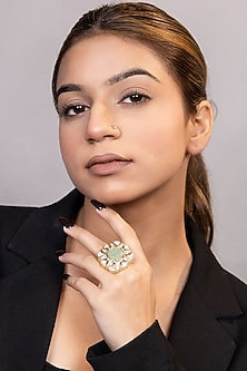 Gold Finish Sea Green Moissanite Kundan Polki Ring