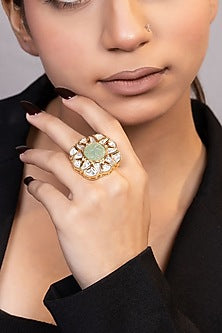Gold Finish Sea Green Moissanite Kundan Polki Ring