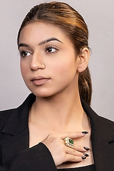 Gold Finish Moissanite & Green Beaded Ring