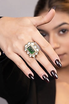 Gold Finish Moissanite & Green Beaded Ring