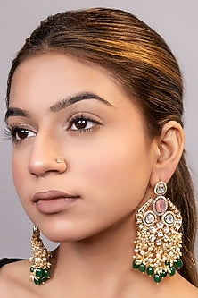 Gold Finish Pearl & Beaded Dangler Earrings