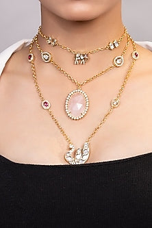 Gold Finish Moissanite & Pink Beaded Necklace